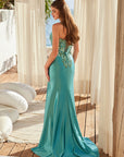 LONG SHINY SATIN DRESS WITH A SWEETHEART BONED APPLIQUE TOP SLIT AND LACE-UP BACK_E1534