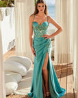 LONG SHINY SATIN DRESS WITH A SWEETHEART BONED APPLIQUE TOP SLIT AND LACE-UP BACK_E1534