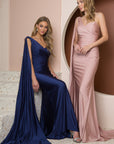 PARTY COCKTAIL ONE SHOULDER DRAPE SLEEVE MERMAID LONG GOWN_E475