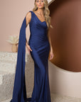 PARTY COCKTAIL ONE SHOULDER DRAPE SLEEVE MERMAID LONG GOWN_E475