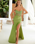 Beaded Satin Strapless Slit Dress_k1520
