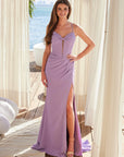 Spaghetti Strap V-Neck Satin Gown with Slit_Y1484